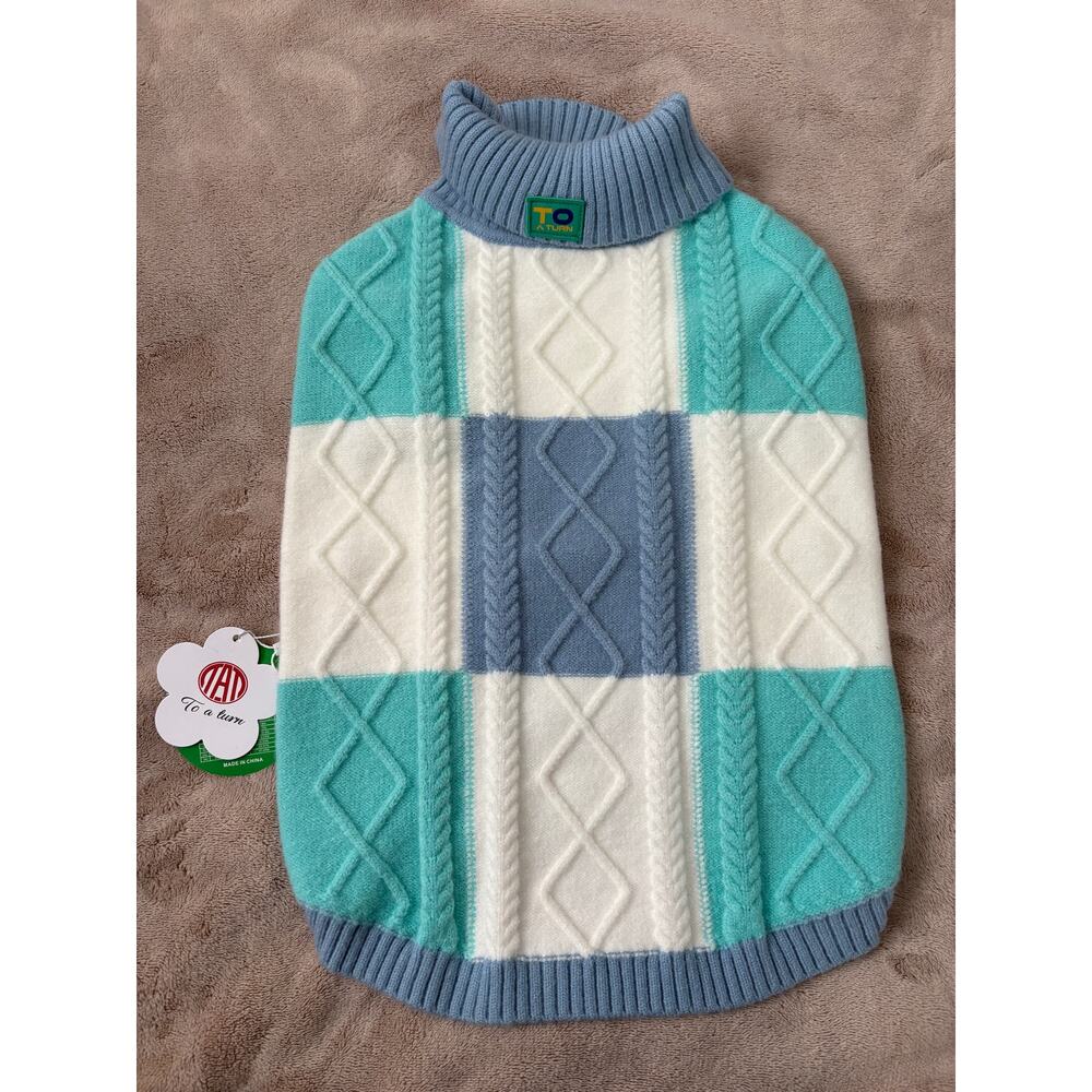 NWT To A Turn Blue Teal White Colorblock Cable Knit Turtleneck Dog Sweater XL